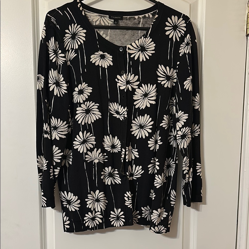 TALBOTS DAISY Black and White Button Sweater L